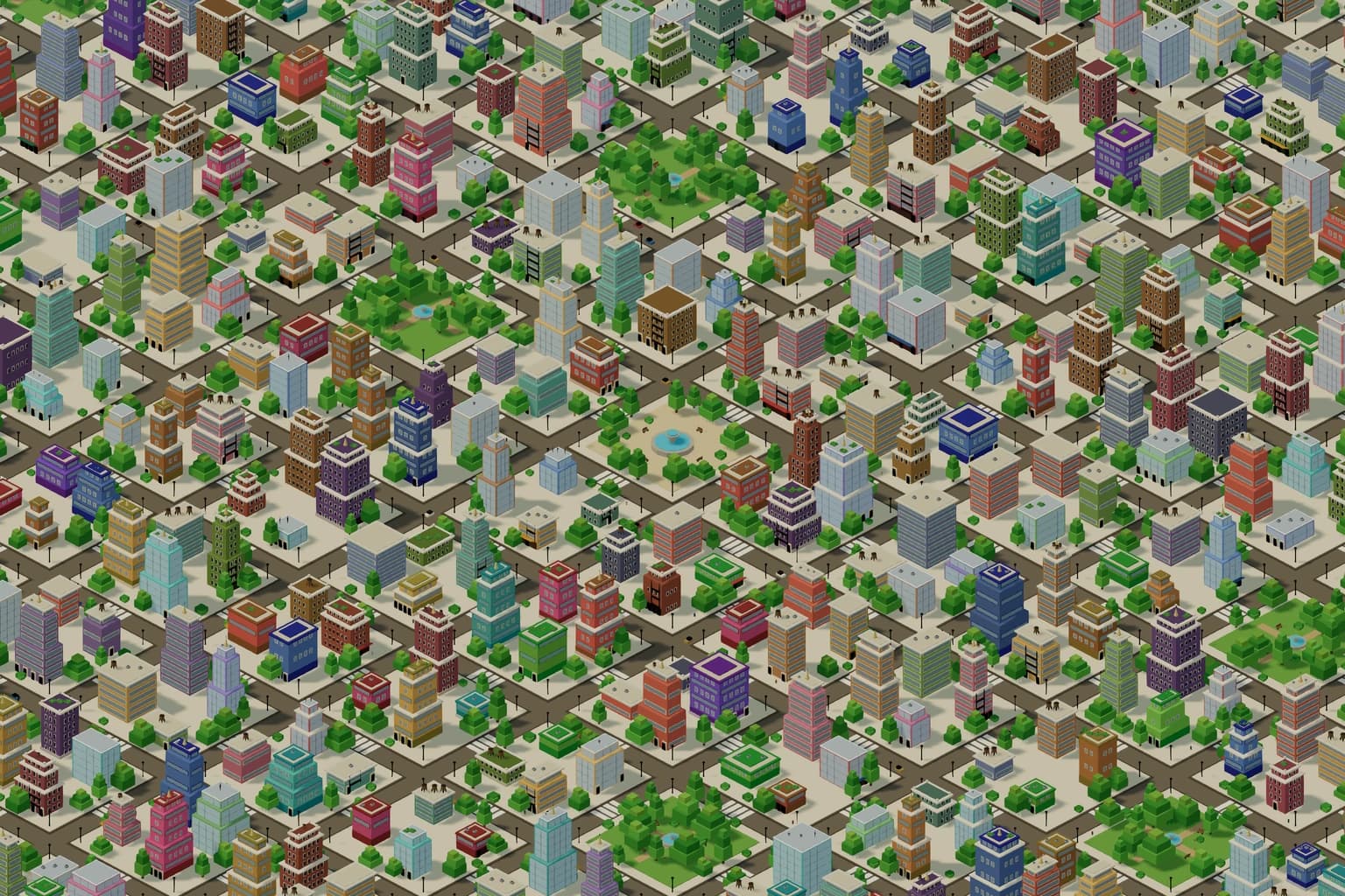 A vast isometric 8-bit city stretching beyond the frame, the shared library of every reader's papers